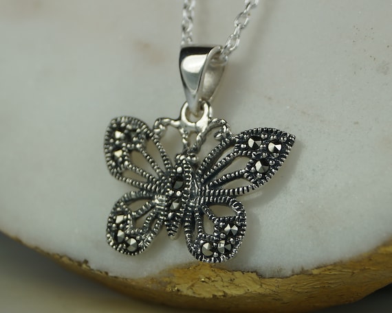 Sterling Silver Marcasite Butterfly Necklace, 46cm Chain