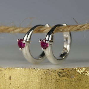 Ruby Red Hoop Earrings, Sterling Silver Huggie Earrings, July Birthstone Ruby Red Earrings, Red Cubic Zirconia.