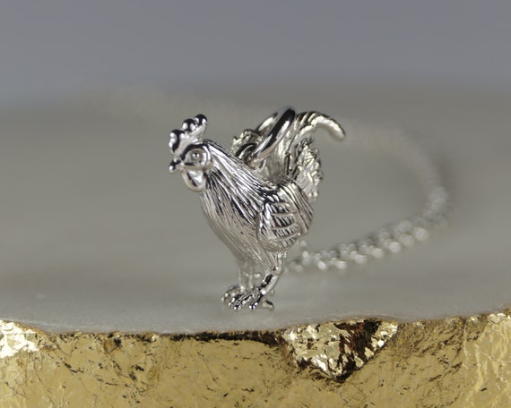 Silver Rooster chicken Necklace. Silver Rooster Pendant. Silver