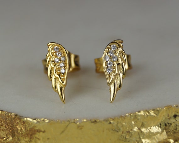 Gold Angel Wing Stud Earrings, Gold Vermeil Over Sterling