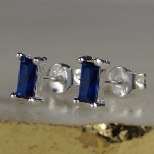Sapphire Baguette Stud Earrings, Sterling Silver Rectangular Blue Glass Earrings.