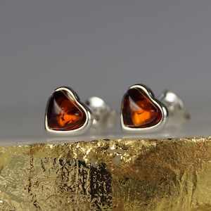 Amber and Sterling Silver Heart Earrings, Amber and Sterling Silver Stud Earrings.