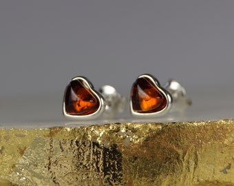 Amber Earrings, Heart Amber and Sterling Silver Stud Earrings, Boxed Amber and Silver Stud Post Earrings, Amber Ear Rings,Amber Heart