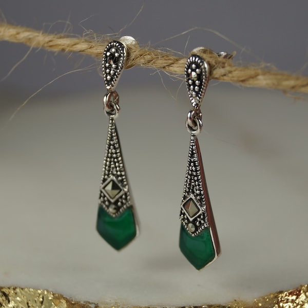 Sterling Silver and Marcasite Art Deco Earrings, Green Agate and Marcasite Earrings, Marcasite Art Deco Drop Earrings.
