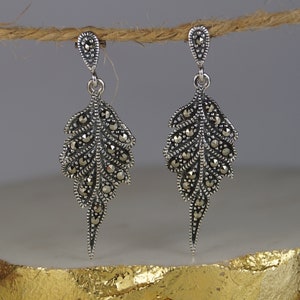 Large Sterling Silver Marcasite Earrings, Silver Feather Earrings, Marcasite Earrings.