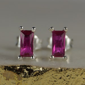 Ruby Baguette Stud Earrings, Sterling Silver Rectangular Ruby Cubic Zirconia Earrings.