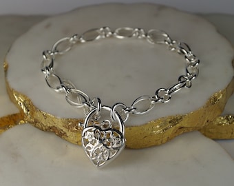 Sterling Silver Charm Bracelet, Decorative Heart Padlock Charm Bracelet, Silver Charm Bracelet with Safety Chain.
