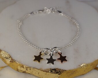 Sterling Silver Star Bracelet, Rose Gold & Yellow Gold Vermeil Stars