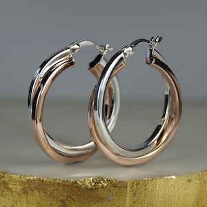 25 mm roségouden vermeil en sterlingzilveren creoolse oorbellen, zilveren oorringen, scharnieroorbellen, roségouden zilveren oorringen