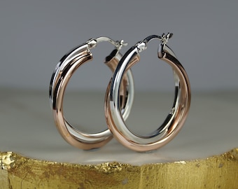 25mm Rose Gold Vermeil and Sterling Silver Creole Earrings, Silver Hoop Earrings,  Hinged Hoop Earrings, Rose Gold Silver Ear Rings