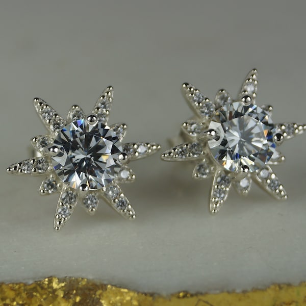 Silver Star Earrings, Cubic Zirconia Starburst Stud Earrings, Large Star Stud Earrings, High Quality Star Ear Rings, Celestial Earrings.