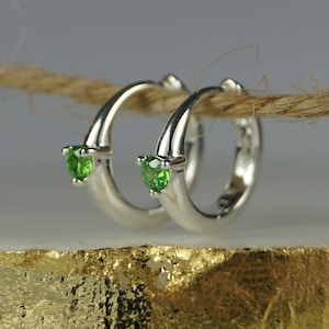Emerald Green Hoop Earrings, Sterling Silver Huggie Earrings, May Birthstone Emerald Green Earrings,Green Cubic Zirconia.
