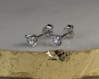 Sterling Silver April Birthstone Earrings, Synthetic Diamond Studs