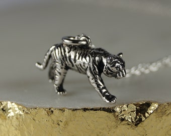 Sterling Silver Tiger Necklace, Silver Tiger Pendant, Sterling Silver Tiger, Silver Tiger Charm.