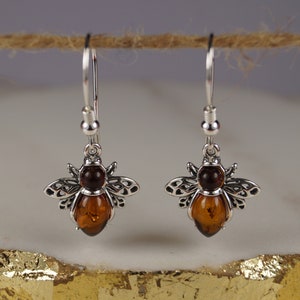Sterling Silver and Amber Bee Earrings, Amber Earrings, Silver Bee Earrings.