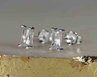 Sterling Silver Diamond Stud Earrings, Simulated Diamond Baguette Earrings, Sterling Silver Rectangular Cubic Zirconia Earrings.