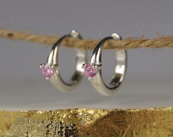 Pink Tourmaline Hoop Earrings, Sterling Silver Huggie Earrings, October Birthstone Tourmaline Pink Earrings, Pink Cubic Zirconia.