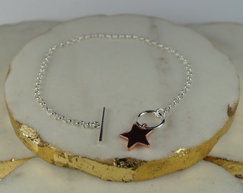 Sterling Silver T-bar Bracelet with Rose Gold Star, Sterling Silver Bracelet, Star Bracelet.