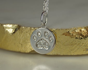 Paw Pendant Necklace, Sterling Silver and CZ Paw Print Necklace, Paw Print Pendant Necklace, Cubic Zirconia Paw Print Neck Lace.