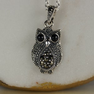 Sterling Silver and Marcasite Owl Necklace, Sterling Silver and Marcasite Owl Pendant.