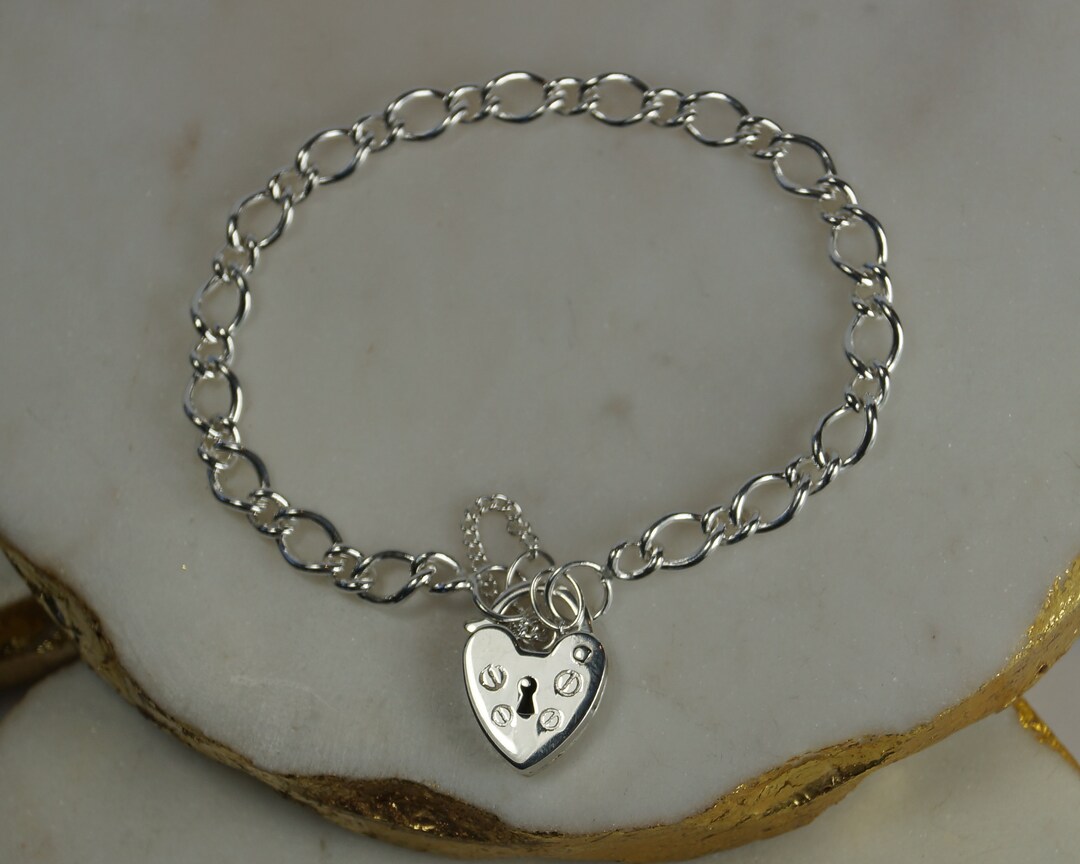 Fancy Sterling Silver Charm Bracelet Small Size Heart Padlock - Etsy UK