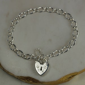 Small Sterling Silver Charm Bracelet, Small Size Heart Padlock Charm Bracelet, Silver Charm Bracelet with Safety Chain.