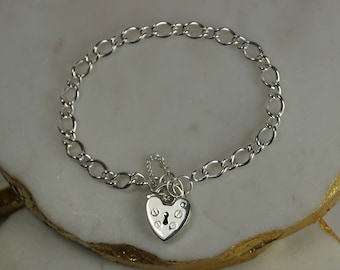 Small Sterling Silver Charm Bracelet, Small Size Heart Padlock Charm Bracelet, Silver Charm Bracelet with Safety Chain.