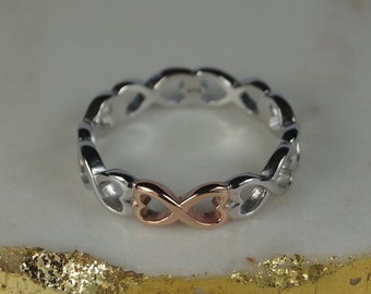 Silver Infinity and Heart Ring, Two-tone Silver and Rose Gold Vermeil Ring With Infinity and Hearts, 2-tone Sterling Silver 925 Ring,