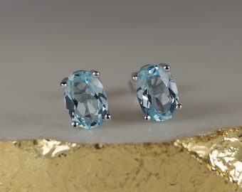 Natural Blue Topaz and Sterling Silver Stud Earrings, Blue Topaz Earrings, Oval Topaz Earrings.