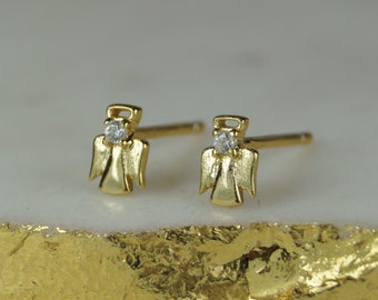 Gold Angel Stud Earrings with Cubic Zirconia, Gold Angel Earrings, Gold Vermeil Angel Stud Earrings, Cubic Zirconia Earrings.