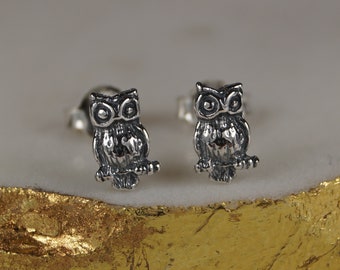 Oxidized Sterling Silver Owl Stud Earrings, Detailed Jewelry