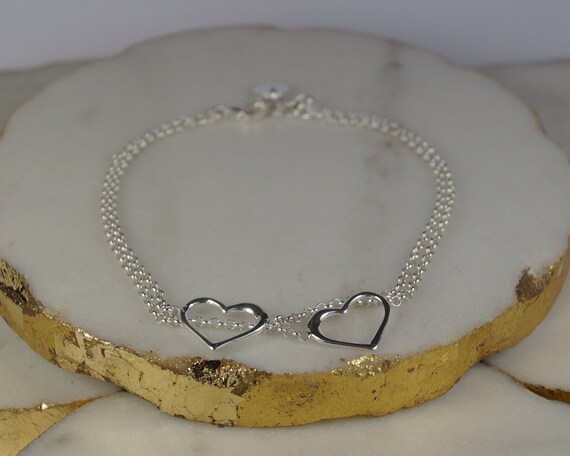 Sterling Silver Double Heart Bracelet, Sterling Silver Heart