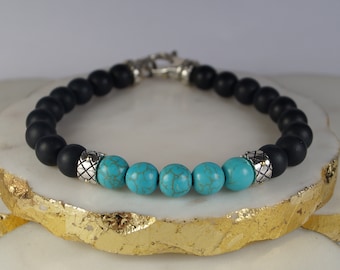 Turquoise Onyx and Sterling Silver Bead Bracelet, Mens Bead Bracelet, Men&#39;s Bracelet, Gift for him.