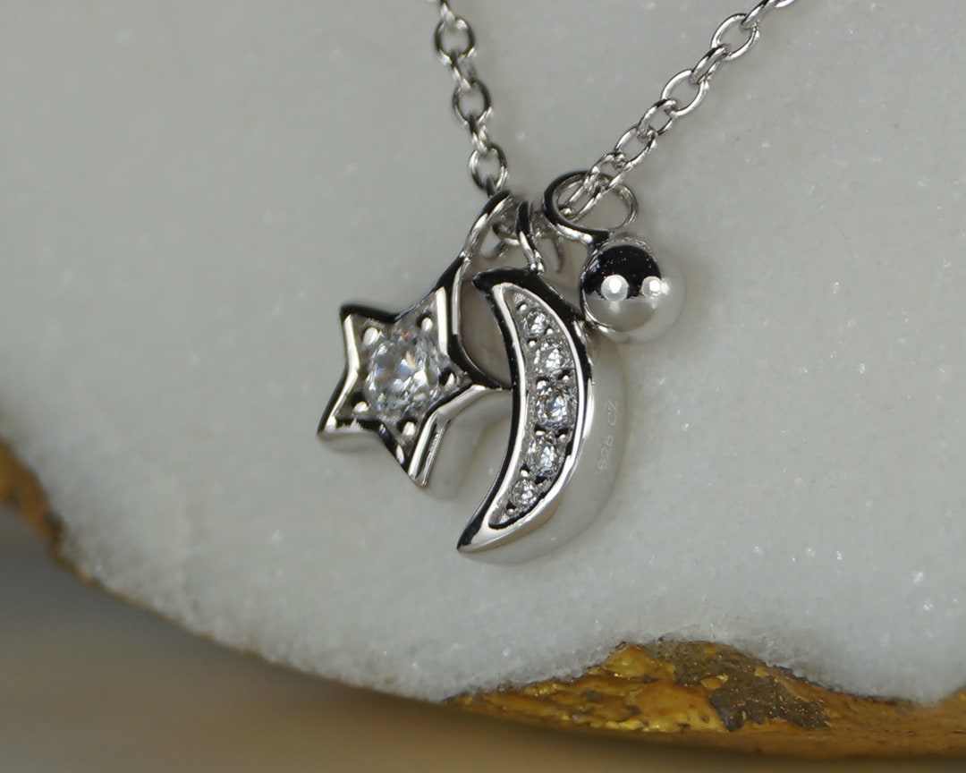 Sterling Silver Moon & Star Necklace, Celestial Necklace With