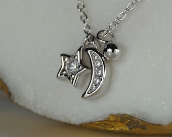 Moon & Star Necklace, Sterling Silver Moon and Star Celestial Necklace with Cubic Zirconia, Celestial Necklace.