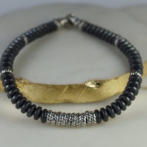 Hematite and Silver Bead Bracelet, Sterling Silver Bracelet, Men&#39;s Bracelet.
