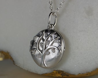 Sterling Silver Tree of Life Locket Necklace with Cubic Zirconia