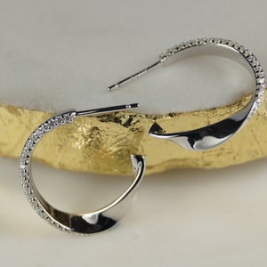 Half Hoop 18mm Earrings with Cubic Zirconia, Sterling Silver Hoops, Complete with Earring Backs.