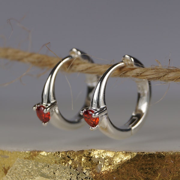 Garnet Red Hoop Earrings, Sterling Silver Huggie Earrings, January Birthstone Garnet Red Earrings, Red Cubic Zirconia.