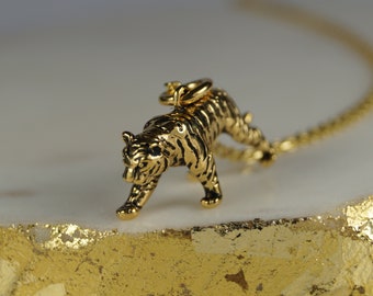 Gold Tiger Necklace, Sterling Silver Tiger Covered in Gold Vermeil, Gold Tiger Pendant, Tiger Charm.