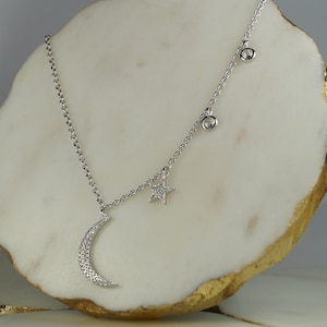 Sterling Silver Moon and Star Necklace with Cubic Zirconia, Silver Moon and Star Necklace.