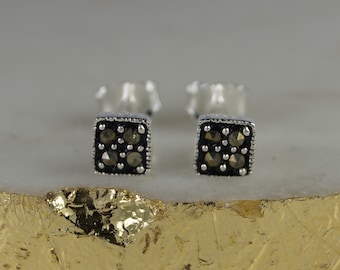 Marcasite and Sterling Silver Square Earrings, Silver Stud Earrings, Square Stud Earrings.