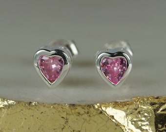 Pink Heart Earrings, Pink CZ Heart Sterling Silver Stud Earrings, Boxed Silver Stud Post Earrings, Pink Ear Rings, Pink Heart Earrings.
