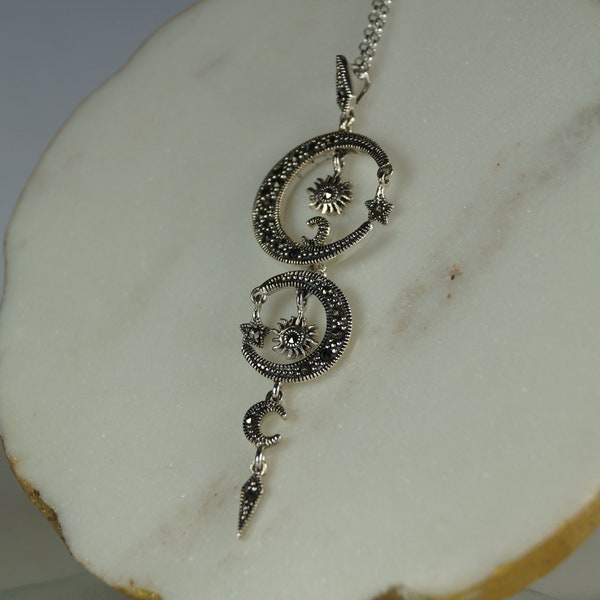 Marcasite Necklace, Celestial Sterling Silver and Marcasite Pendant Necklace, Sun Moon and Star,  Silver Sun, Moon & Stars Neck Lace