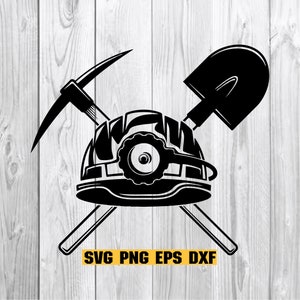 May include: Black and white silhouette of a miner's helmet with a pickaxe and shovel crossed behind it. The text "SVG PNG EPS DXF" is below the image.