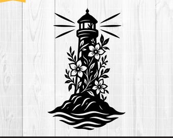Floral Lighthouse Svg, Lighthouse Clipart, Flower Lighthouse Svg, Coastal Decor Svg, Ocean Waves Silhouette, Cricut Cut File, Png Dxf Eps