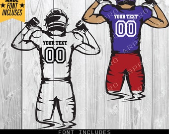 May include: A black and white silhouette of a football player with arms raised in victory. The player is wearing a jersey with the text "YOUR TEXT" and the number "00". The image is suitable for creating custom sports-themed designs.