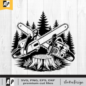 May include: Black and white illustration of two crossed chainsaws with a tree stump in the center. The chainsaws are surrounded by trees.