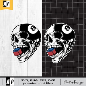 May include: Black and white skull graphic with a billiard ball design on the head. The skull has a red and blue cube in its mouth. The image includes the text "SVG, PNG, EPS, DXF premium cut files" and the "AP" logo.