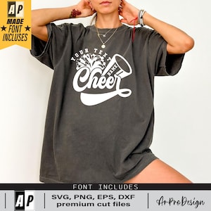 Peut inclure: Un t-shirt gris avec un motif blanc de pompon de pom-pom et de m&eacute;gaphone de cheerleader avec le texte "Your Text Name Cheer".